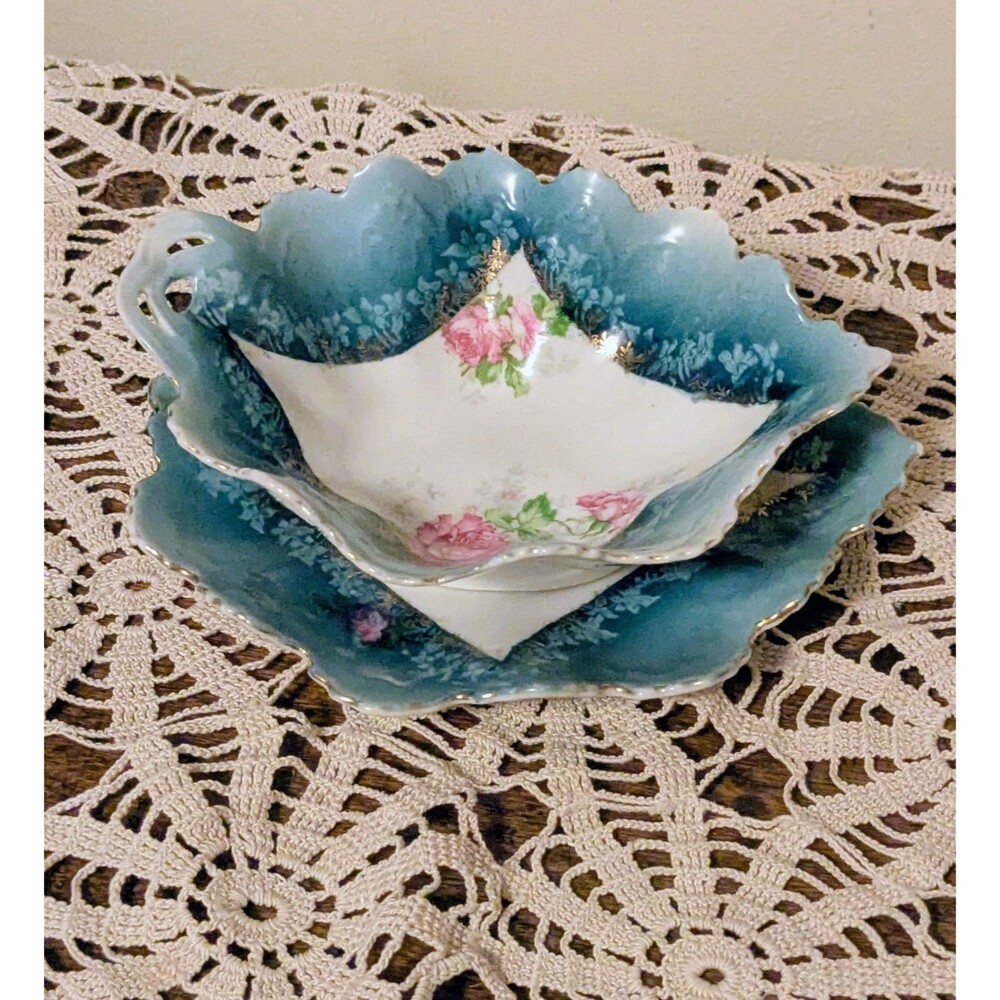 Antique MZ Austria Porcelain Mayonnaise Bowl Underplate Teal Pink Rose Gold